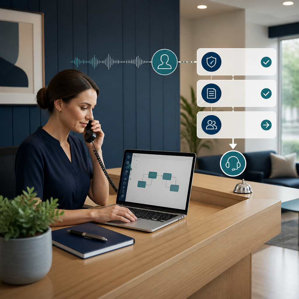 A receptionist reviews an openly identified automated caller and routes an account-sensitive request to a human verification step.