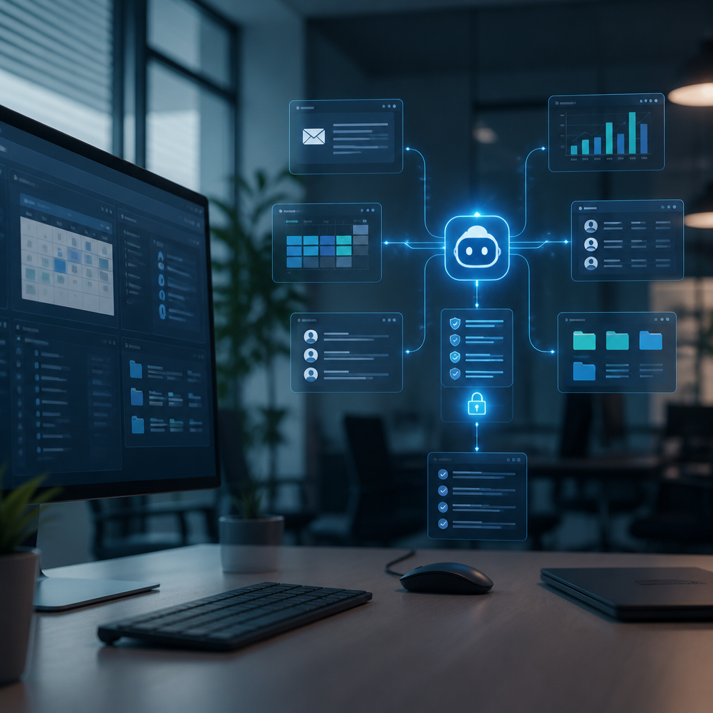 A controlled AI identity connecting to business systems with visible access permissions and audit signals.