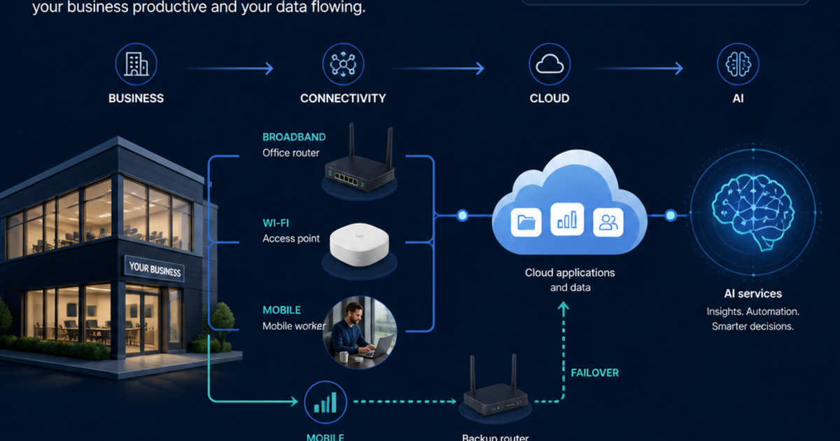 A business connected to broadband, Wi-Fi, mobile, cloud and AI services with a visible backup connectivity path