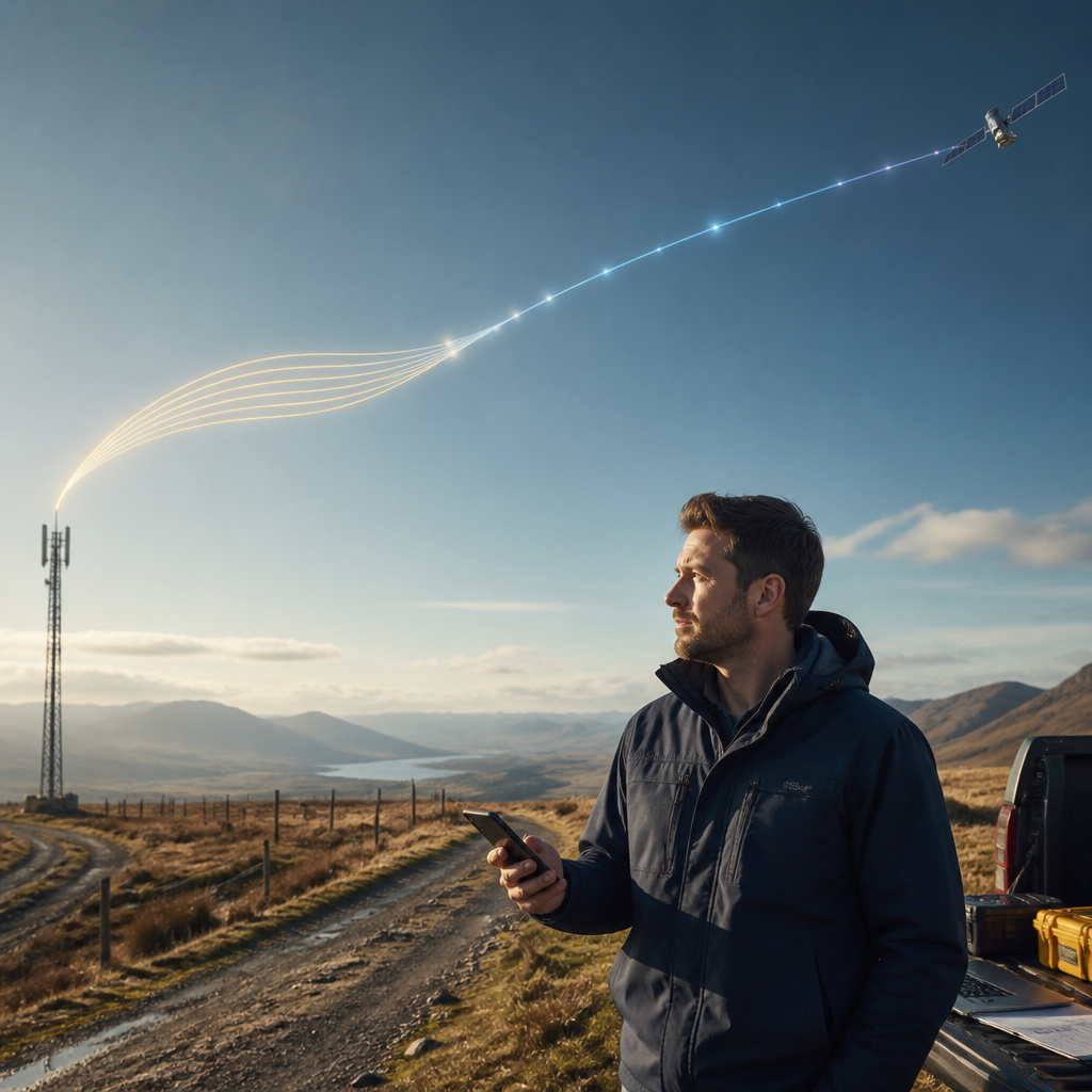 A business worker using a smartphone at a rural site with a subtle transition between terrestrial and satellite connectivity.