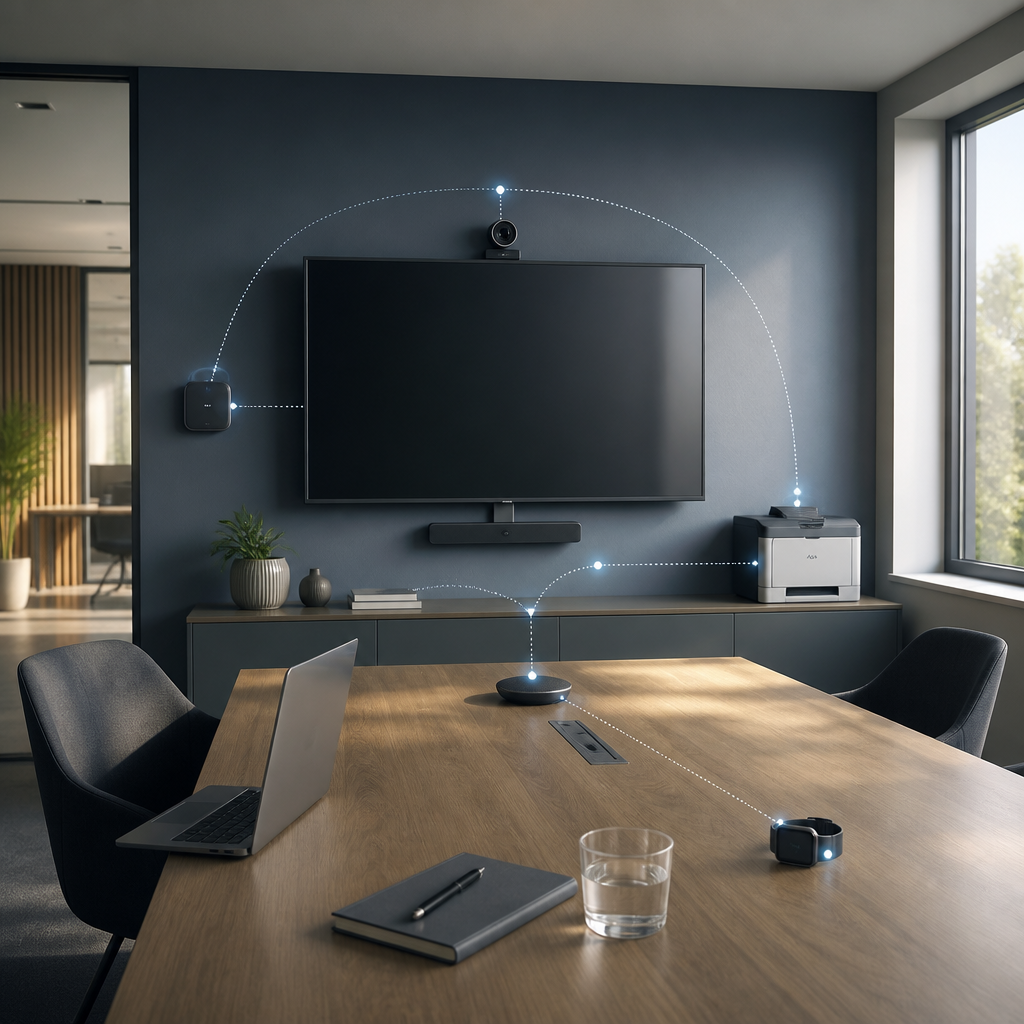 A connected business meeting room containing a television, conferencing equipment and personal devices.