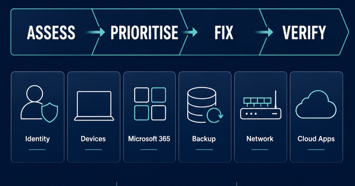 A clean security roadmap showing Assess, Prioritise, Fix and Verify stages with supporting icons for identity, devices, Microsoft 365, backup, network and cloud applications