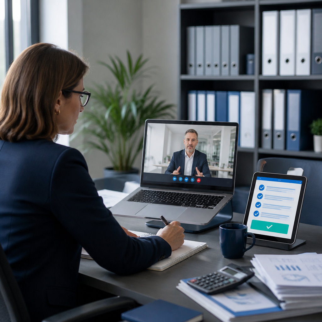 A finance employee pauses a video-call payment request to verify it through a separate, trusted approval process.