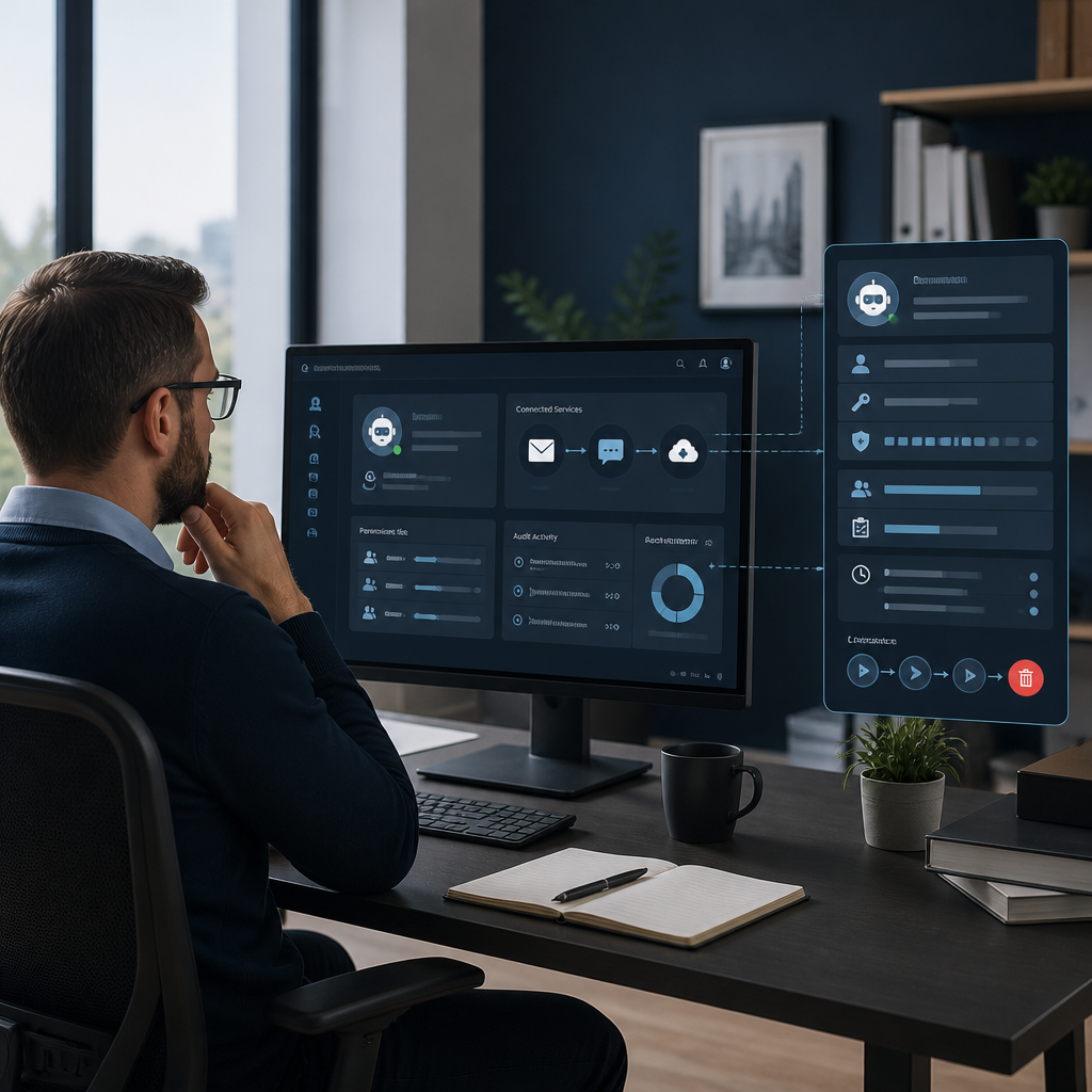 A persistent AI service identity is connected to business applications with separate ownership, permission and audit controls.